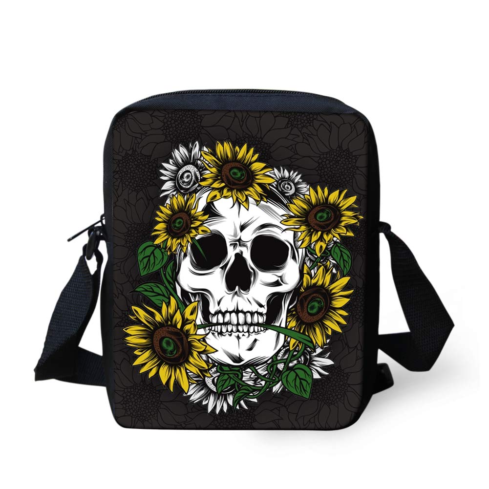 Biyejit Sugar Skull Sunflower Messenger Bag for Women Day of Dead Print Men Crossbody Bags travel Cell Phone Purse Wallet Holder Satchel