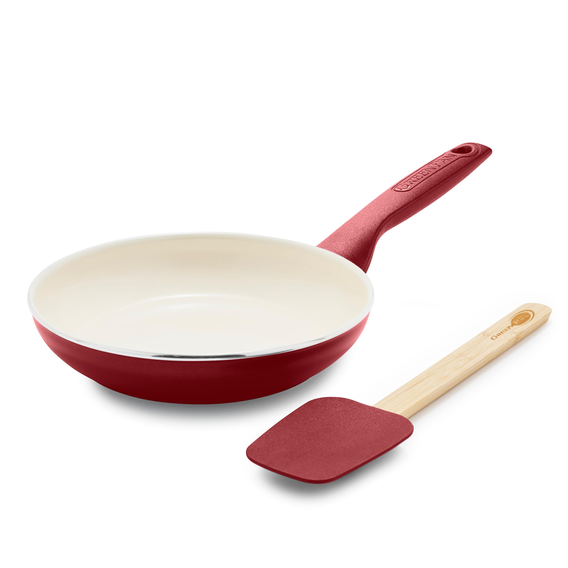 Photo 1 of GreenPan Rio Healthy Ceramic Nonstick 8" Frying Pan Skillet and Silicone Spatula Set, Soft Grip Handle, Breaktfast Meal Set, PFAS-Free, Dishwasher Safe, Oven Safe, Red