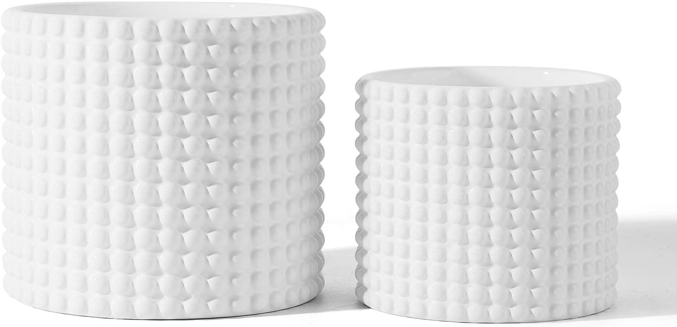 White Ceramic Vintage Style Hobnail Patterned Planter Pots - 6 and 5 Inch Containers with Watering Drain Plug for Indoor Succulent Plants or Flowers : Garden & Outdoor