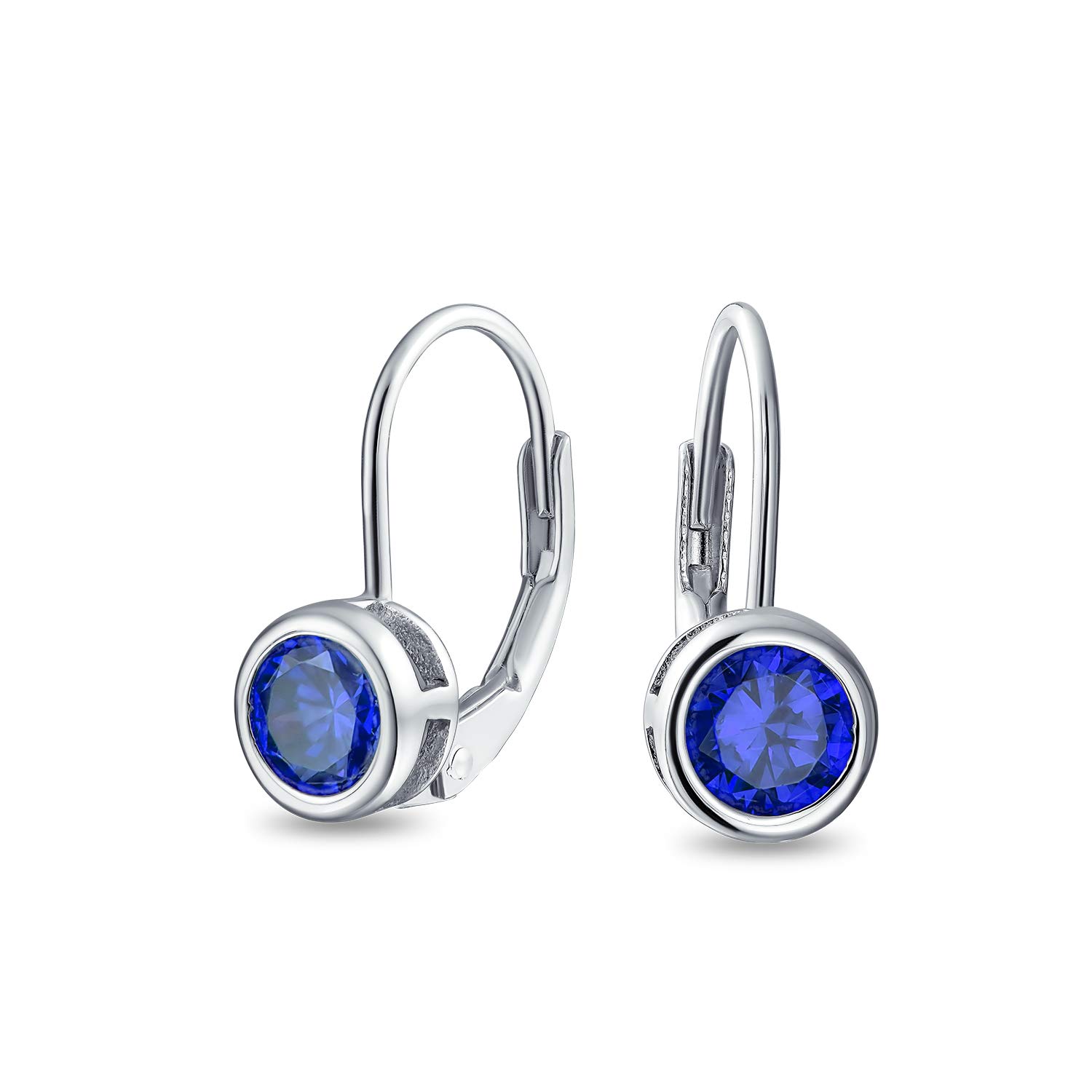 Dainty Round Bezel Brilliant Cut AAA Cubic Zirconia Simulated Blue Sapphire CZ Solitaire Dangle Drop Earrings Lever Back .925 Sterling Silver โ image 1