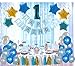 1st Birthday Boy Decorations kit- Complete One Year Party Decoration- First Birthday boy Giant Number One Balloon- Blue Happy Birthday Banner- Latex and Star Foil Balloons- Hanging Swirls-