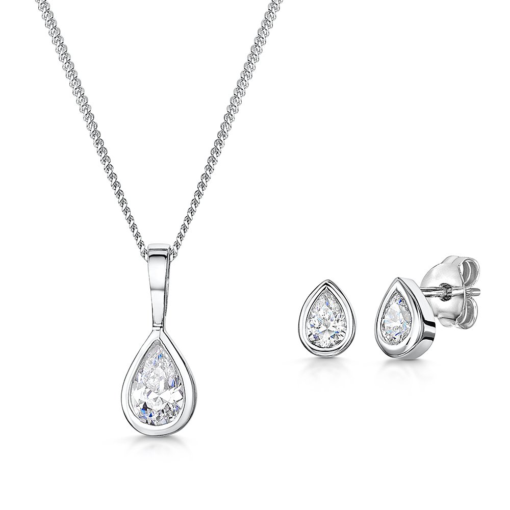 JOOLS by Jenny Brown - Sterling Silver Pear Shape Pendant And Earring Set - Set with Quarter Carat Cubic Zirconia Teardrop Stones - Tarnish Free - Gift Packaging Included
