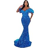 Sequin Feathers Mermaid Prom Dresses 2026 Off Shoulder Sparkly Long Formal Evening Party Gowns with Train