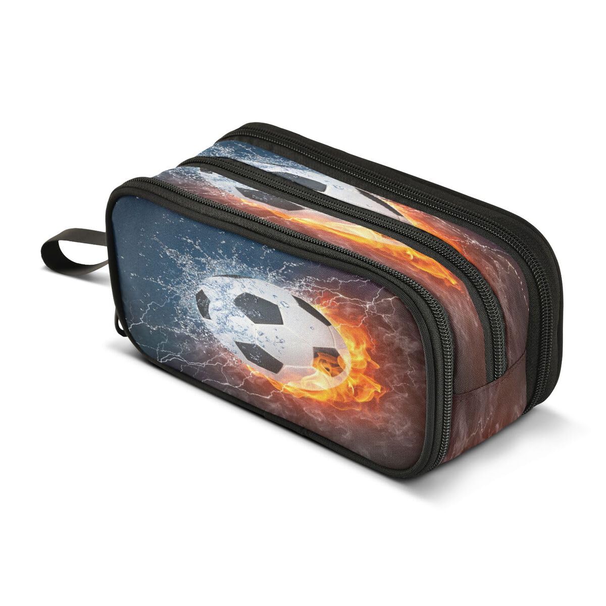 Water and Fire Football Pencil Case 3 Compartment Pen Bag Pouch Holder Box School Portable Stationery Storage Bag for Girls Boys
