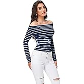 Women's Casual Long Sleeve Ruched Waist Boat Neck Off Shoulder Going Out Tops Plus Size Tight Shirts