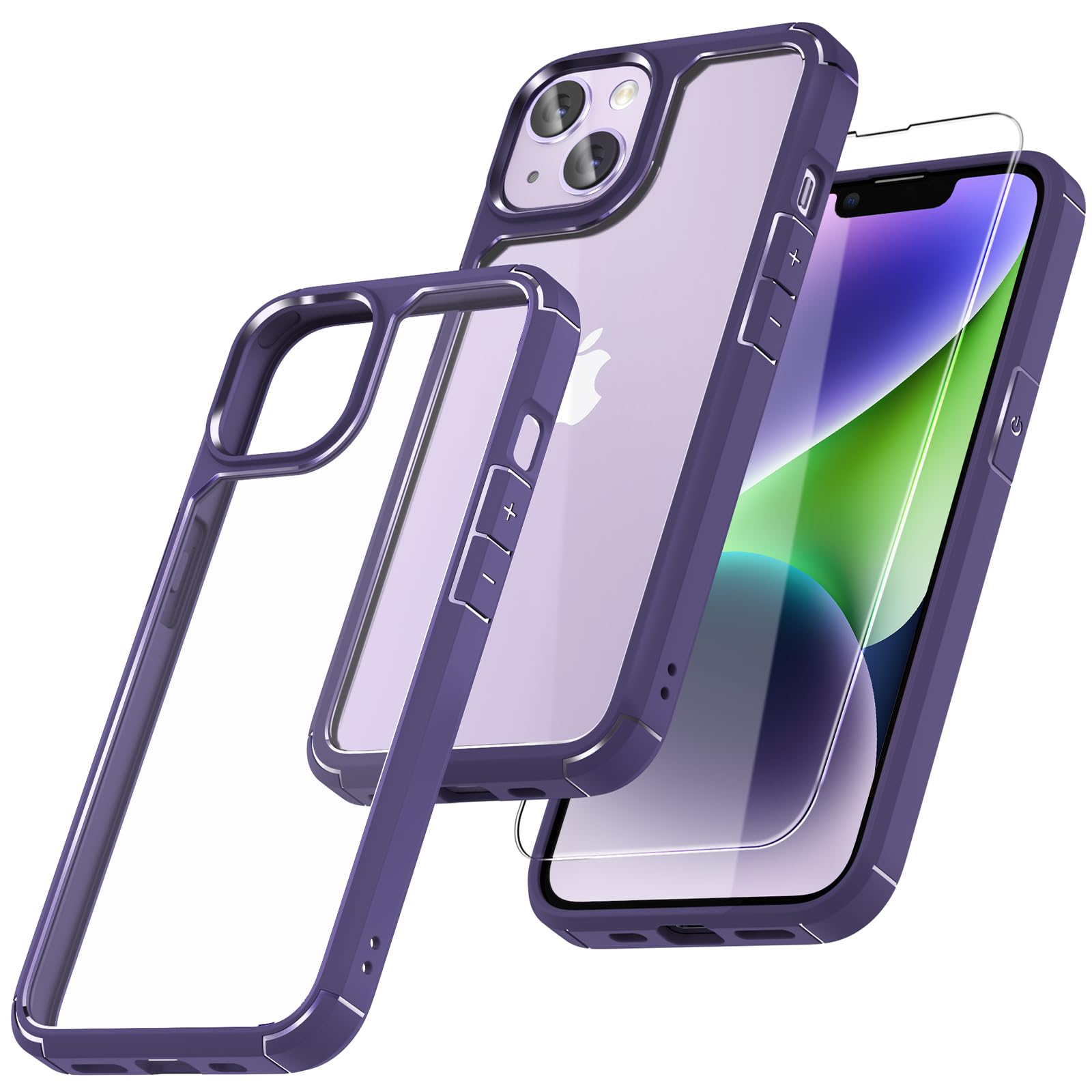 TAURI Defender Designed for iPhone 14 Plus Case with Screen Protector [Military Grade Protection] Soft Bumper Shockproof 360 Protective Cover Slim - Purple