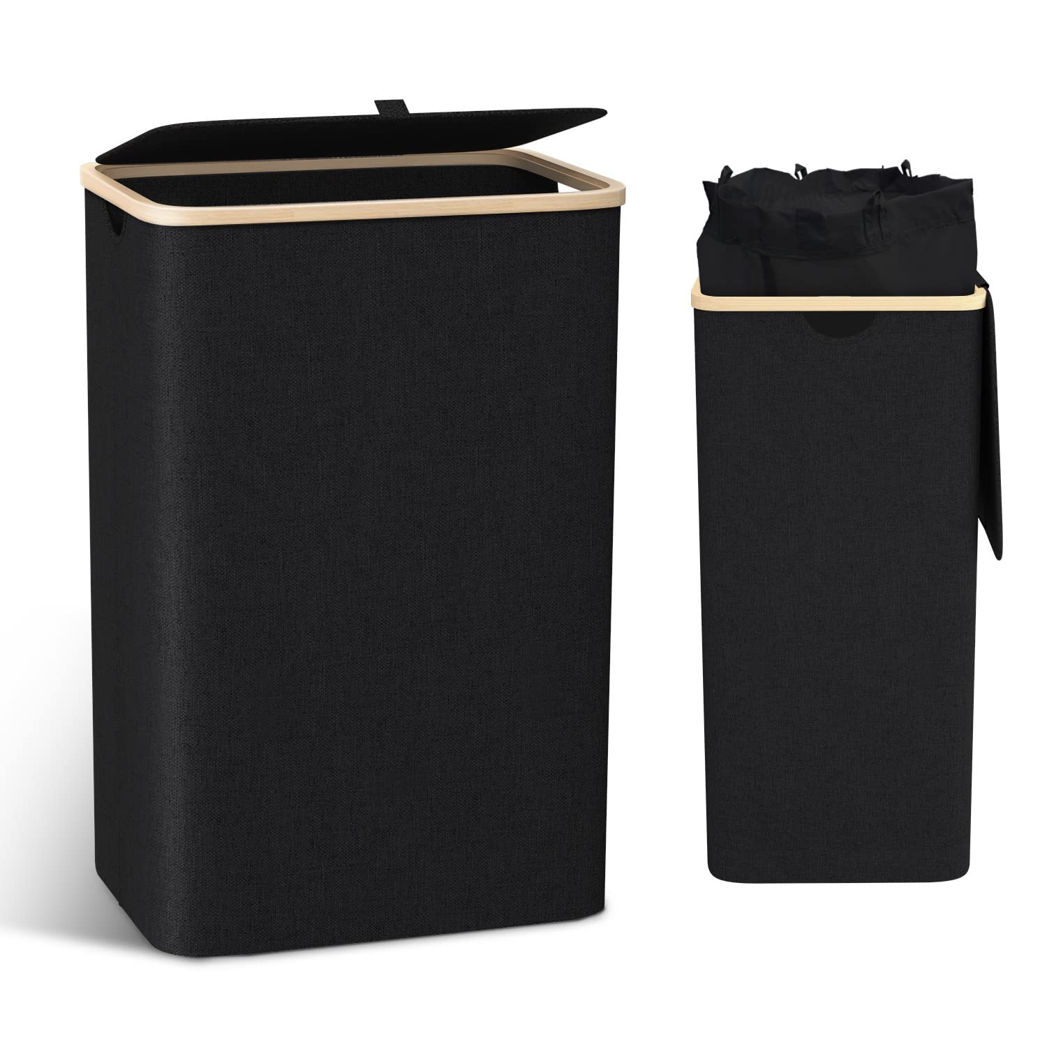 Capocica Laundry Basket with Lid XL 100L - Bamboo Laundry Hamper Basket - Dirty Clothes Laundry Bin (Black)