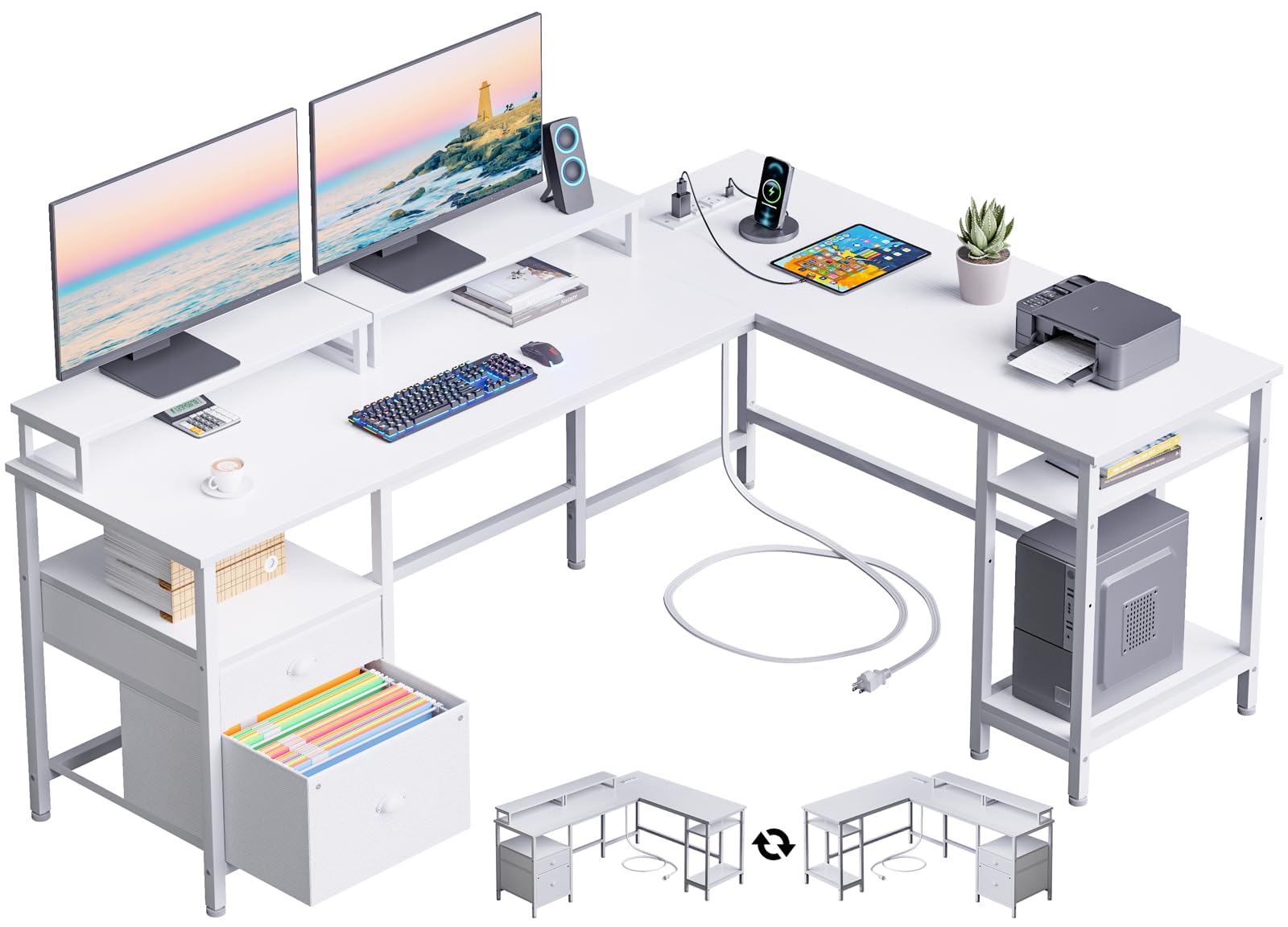 Photo 1 of Furologee 66” L Shaped Desk with Power Outlet, Reversible Computer Gaming Desk with File Drawer & 2 Monitor Stands for Home Office with Storage Shelves, White