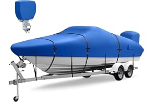APXL Boat Cover 17-19 ft, Upgraded 1800D Boat Cover, 6000Pa Waterproof Heavy Duty Boat Covers with Motor Cover Fits BassBoat, V-Hull Tri-Hull Boat, Runabout Bowrider, 17' 18' 19', Blue