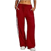 BEAUDRM Women's Y2K Baggy Sweatpants Wide Leg Track Pants Striped Low Rise Drawstring Pant Joggers Streetwear