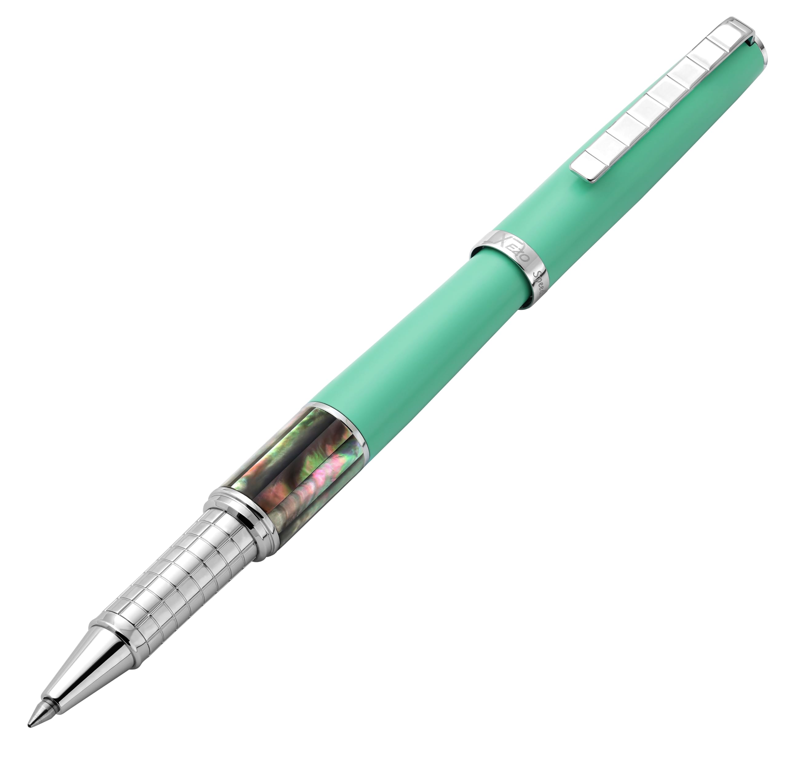 Xezo Speed Master Fine Rollerball Pen. Matte Aqua Green with Tahitian Black Mother of Pearl. Chrome Plated. Lightweight Brass Body. No Two Alike