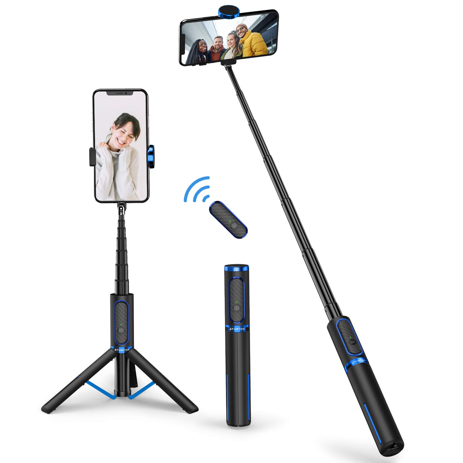 ATUMTEK Selfie Stick Tripod, 3-in-1 Extendable Aluminum Phone Tripod with Detachable Bluetooth Remote, Compatible with iPhone 17/16/15/14/13/12/11/11 Pro/XS Max/XR and Samsung Smartphones, Blue