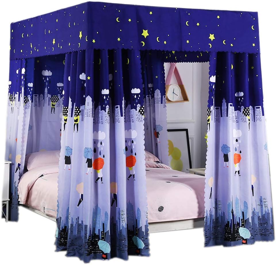 Obokidly Princess 4 Corner Post Bed Curtain Canopy;Windproof Lightproof Bed Canopy Mosquito Net Bedroom Decoration for Adults Girls Bed Canopies Child Gift (Blue, Queen)