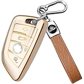 QBUC Key Fob Cover for BMW, for BMW X1 X2 X3 X4 X5 X6 Series for BMW 2 5 6 7 M5 M4 M8 330i Series, Soft TPU Full Protection Key Case with Keychain Car Accessories (Gold)