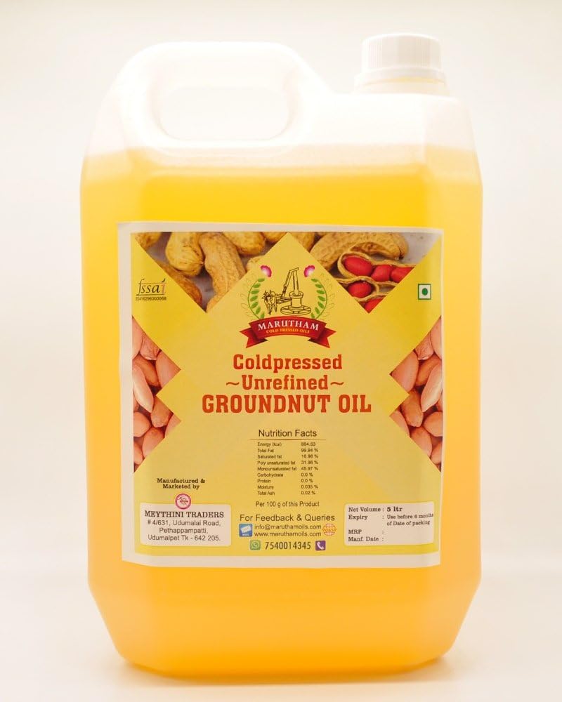 Marutham Unrefined Cold Pressed Groundnut Oil/Natural Peanut Oil for Cooking- Heart Health - Cholestrol Free - No Preservatives, 5 Litre