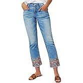 Flamingals Straight Leg Cropped Jeans for Women Trendy Mid Rise Stretchy Tribal Embroidery Raw Hem Ankle Jeans