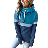Zyuoel Women's Casual Cowl Neck Pullover Hoodie Color Block Graphic Long sleeves Tops Cute Drawstring Loose Lightweight