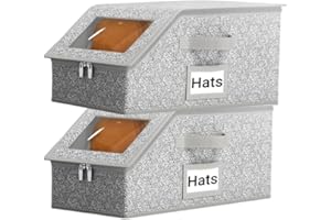 2Pcs Hat Storage Box for Baseball Caps Grey Stackable Foldable Cap Organizer Hat Storage Bins with Handle for Wardrobe and Sh