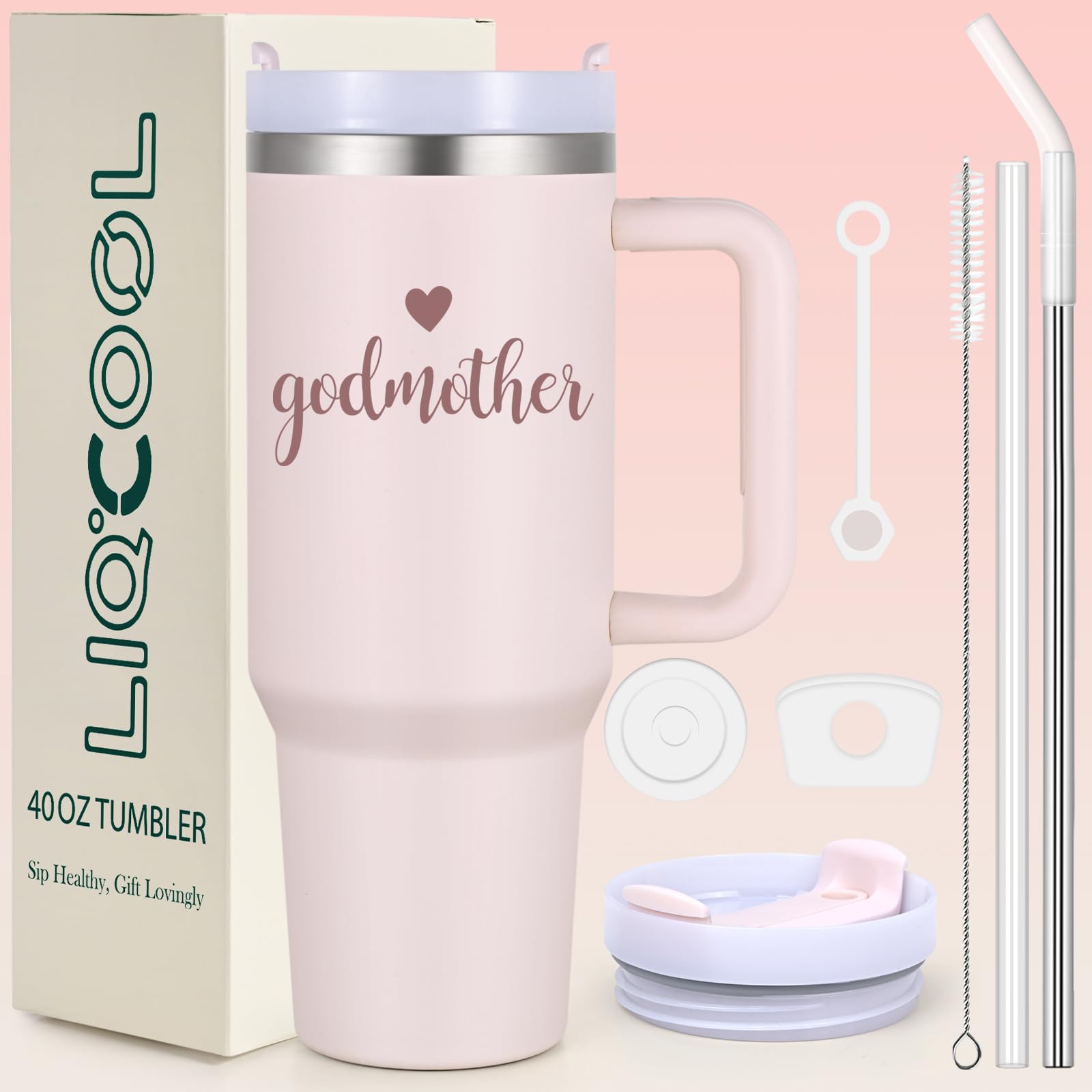 Photo 1 of LiqCool Godmother Proposal Gift, 40 Oz Godmother Tumblers, Godmother Christening Gift from Godchild, Will You Be My Godmother Christmas Birthday Gifts for Godmother(Pink)