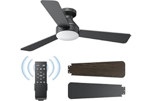 DAHUICFL Ceiling Fans with Lights, 42 Inch Ceiling Fan with Light And Remote, 3CCT Flush Moun Low Profile Ceiling Fans, 6 Speed Noiseless LED Ceiling Fan, Black Ceilings Fan with Remote for Bedroom Living Room