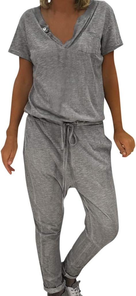 iHAZA Women V-Neck Jumpsuit Loose Long Pants Plus Size Casual Rompers Playsuit with Pockets