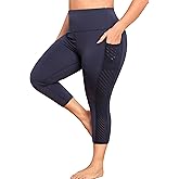 MEJING Plus Size Capri Leggings for Women with Pockets L-5X Workout Leggings Black Mesh Yoga Pants High Waisted Tummy Control