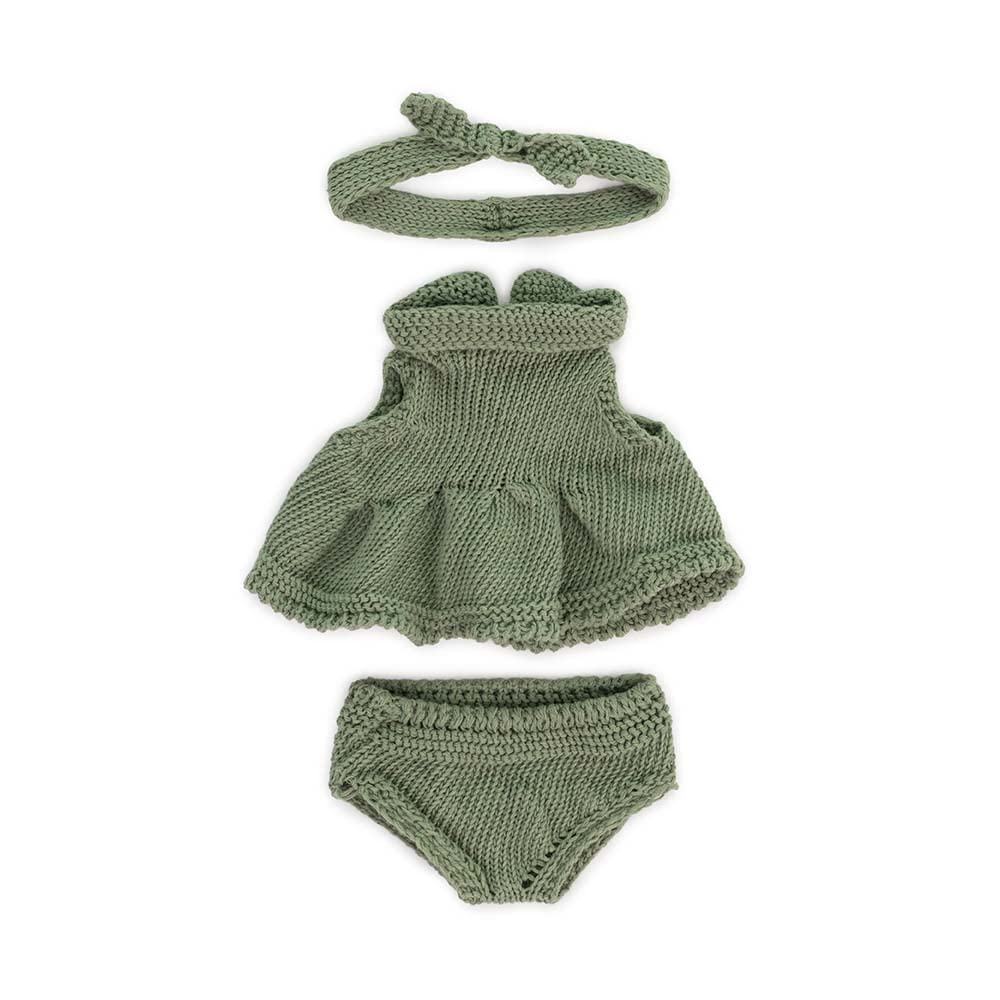 Miniland Dolls: Knitted Doll outfit 21cm - Dress & Headband, made of recycled materials, for 21cm Baby doll. Model: Dress & Headband in green.