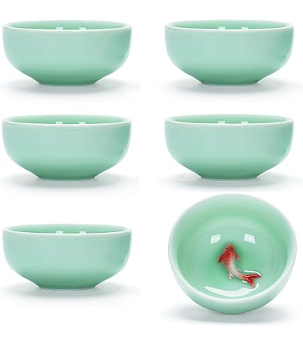 Yixing - Set 6 Tazze Da Tè Pesci Koi In Ceramica Celadon - Foto 4