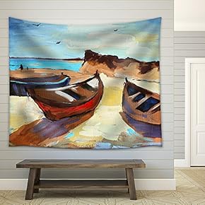 Hand-Draw Painting in Gouache. Marine Landscape - Fabric Wall Tapestry Home Decor - 51x60 inches
