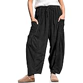 TARSE Womens Corduroy Pants Barrel Casual Loose Baggy Drawstring Wide Leg Palazzo Harem Pants with Pockets