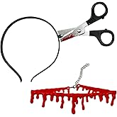LZAOA 2 Pcs Halloween Fake Knife Through Head Headbands Kit, Fake Scissor Headband and Fake Blood Necklace Set, Theme Party Costume