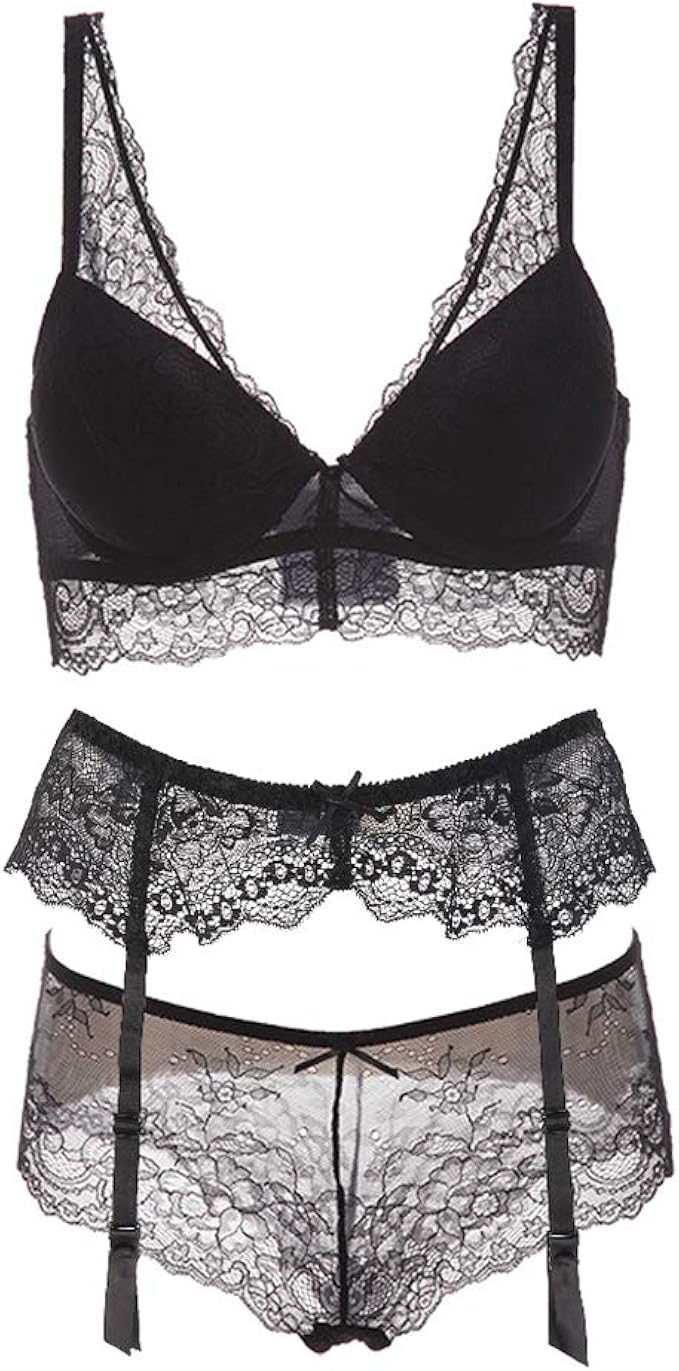 varsmiss Bra Knicker Garter Belt Set Black Lingerie Push Up
