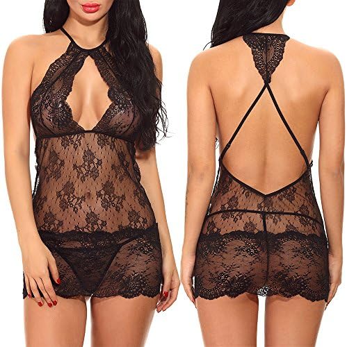 Gorgeya Womens Sexy Halter Lingerie Teddy One Piece Lace Babydoll Mini Bodysuit Nightwear