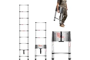 VEVOR Telescoping Ladder, 8.5ft Stainless Steel Lightweight Extension Ladder, Multi-Button Retraction Collapsible Ladders, 330LBS Capacity & Non-Slip Feet, Portable 9-Step Ladders for Home, RV, Loft