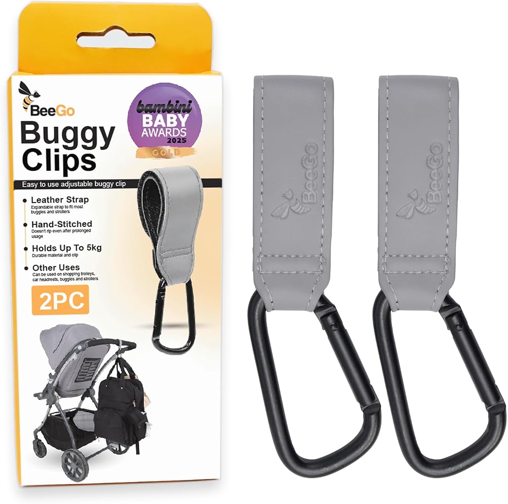 BeeGo Buggy Clips 2025 Award-Winning Stroller Hooks 2 Pack Grey