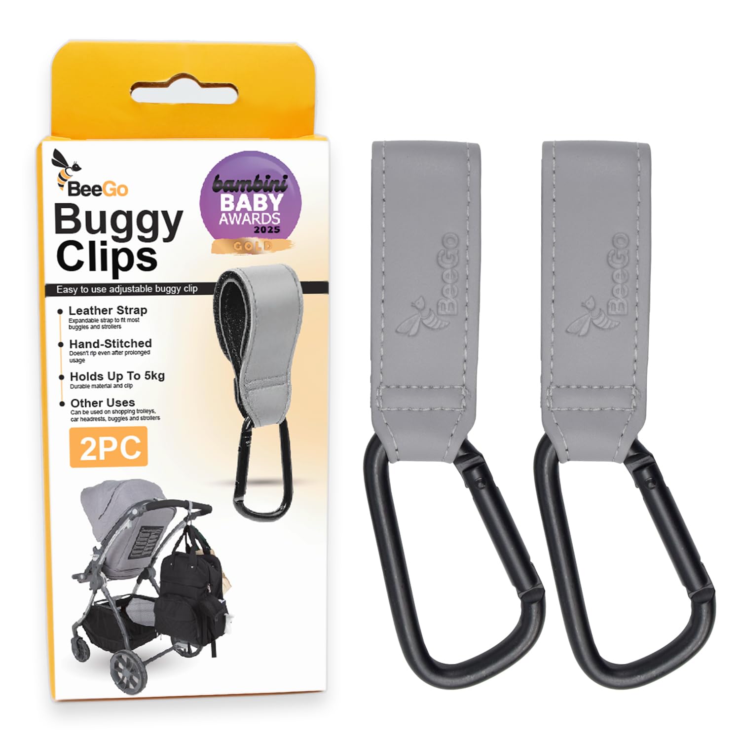 BeeGo® Buggy Clips – 2025 Award-Winning Stroller & Pram Hooks for Bags, Strong Pushchair Clips for Shopping Bags & Nappy Bags (2 Pack, Grey)