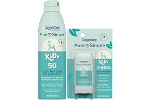 Coppertone Pure and Simple Kids Mineral Sunscreen Spray SPF 50 (5 Oz) + Kids Sunscreen Stick SPF 50 (0.49 Oz), Hypoallergenic and Fragrance Free