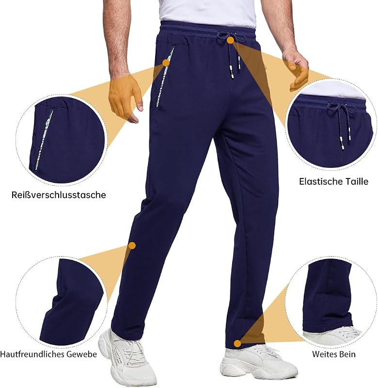 Jogginghose Herren Baumwolle mit Reißverschluss Taschen Trainingshose Sporthose Sweatpants Slim Fit Herren Hose Blau L