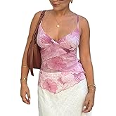 Women Y2k Mesh Tank Top Camisole Floral Print Spaghetti Strap Sleeveless V Neck Going Out Tops Cami Shirts