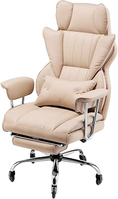 Silla de Ejecutiva de Oficina con Respaldo Alto Reposapiés Silla de Escritorio Ergonómica con Cojín de Espuma de Alta Resiliencia Silla Giratoria de Cuero PU para Trabajar, Estudiar, Marrón