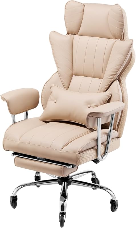Silla de Ejecutiva de Oficina con Respaldo Alto Reposapiés Silla de Escritorio Ergonómica con Cojín de Espuma de Alta Resiliencia Silla Giratoria de Cuero PU para Trabajar, Estudiar, Marrón — foto 1 de 8