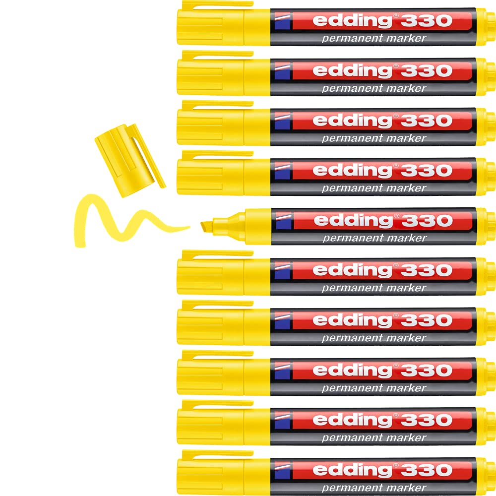 edding 330 permanent marker - yellow - 10 pens - chisel tip 1-5 mm - waterproof, quick-drying, smear-proof pens - for cardboard, plastic, glass, wood, metal and fabric