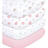 Plushii Crib Sheets for Baby Girls 4 Pack, 28"x 52" Extra Soft Microfiber Crib Sheet Set for Standard Crib & Toddler Mattress Pad, Rainbow & Elephant & Stars & Pink