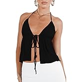RUEWEY Women Y2K Backless Crop Top Vintage Sexy Tie Up Halter Deep V Neck Spaghetti Strap Cami Top Streetwear​