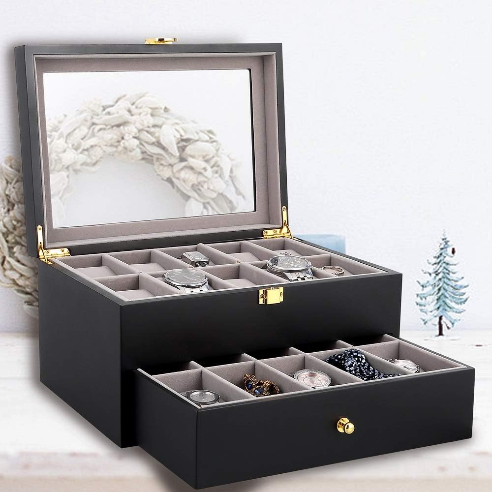 Uten Watch Box 20 Slots, 2-Tier Wood Watch Case with Glass Lid - Image 4