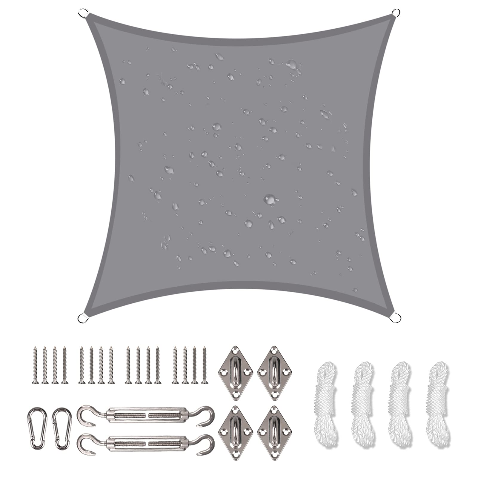 NAKIHOUSE Waterproof Shade Sail with Rope Fixing Kits, 2x2m Square Sun Shade Sail 98% UV Block Awning Canopy for Garden Patio (Light Grey)