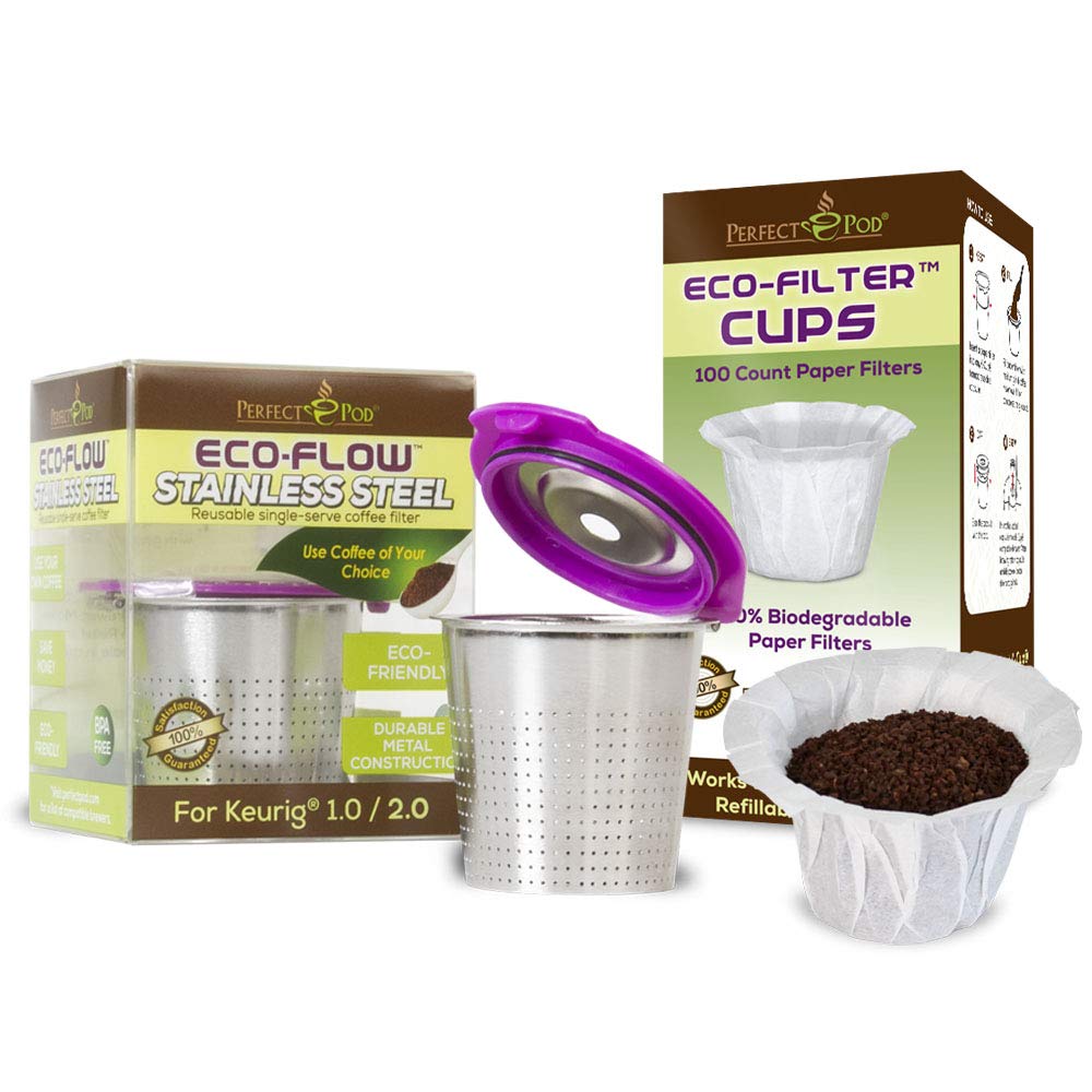 2-Item Perfect Pod Stainless Steel Reusable K-Cup Metal Filter Plus 100-Ct ECO-Filter Disposable Paper Filters | Compatible with Keurig 1.0, 2.0, K-Series, and K-Mini (Plus) Single-Cup Coffee Makers