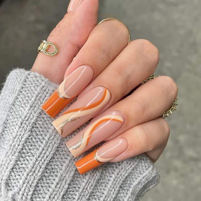 Vatocu Coffin Wavy Line Glitter False Nails Long French Ballerina Fake Nails Orange Press on Nails Acrylic Full Cover Stick on Nails for Women and Girls(24pcs)
