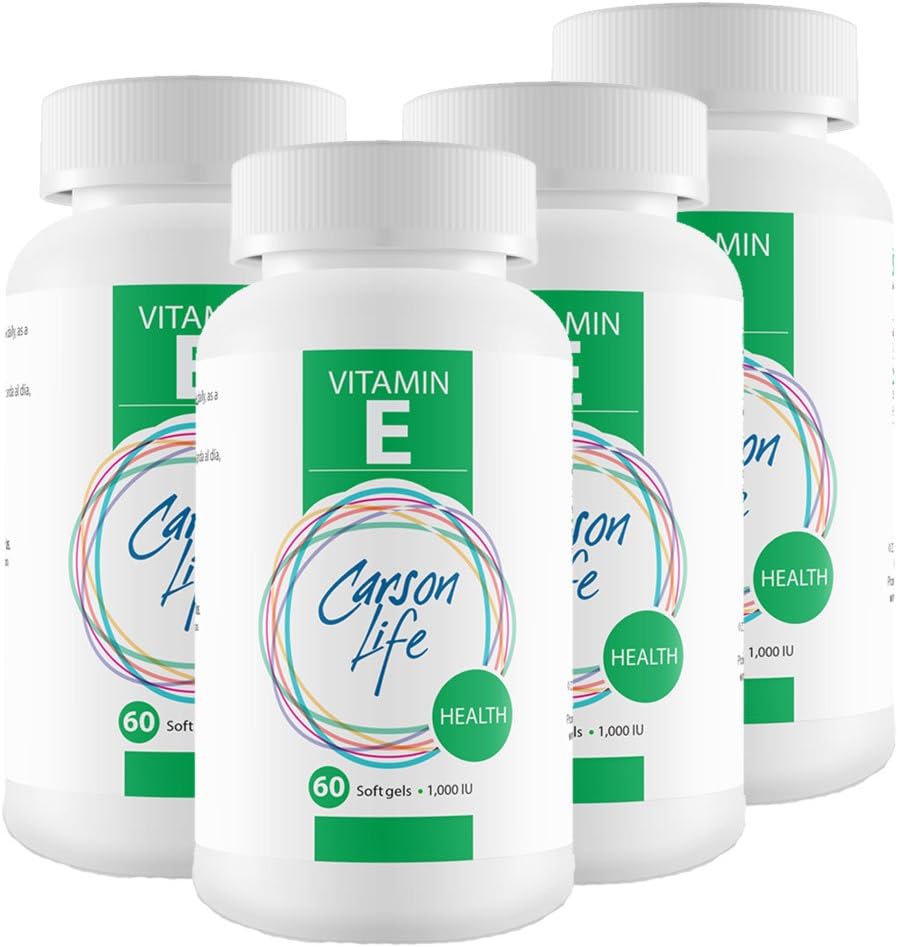 CARSON LIFE Vitamin E Supplement 1000 IU - 4 Pack - 240 Soft Gels - for Strong Muscular Tissues and Immune System - for Healthier Looking Skin, Heart Health and Immune Support - Made in The USA