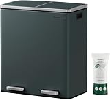SONGMICS Dual Rubbish Bin 2-Compartment 30 L Pedal Lids 15 Bags Greenish Grey